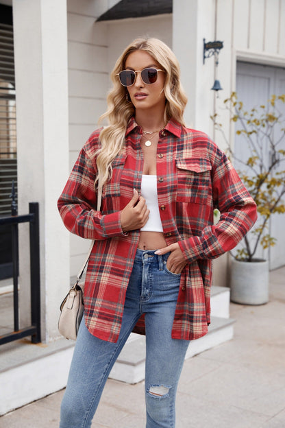 Women’s Casual Plaid Shirt with Pockets Loose Fit Fashion Top