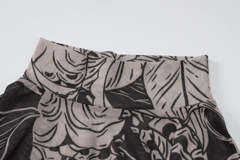 Sheer Mesh High Neck Printed Bodycon Maxi Dress