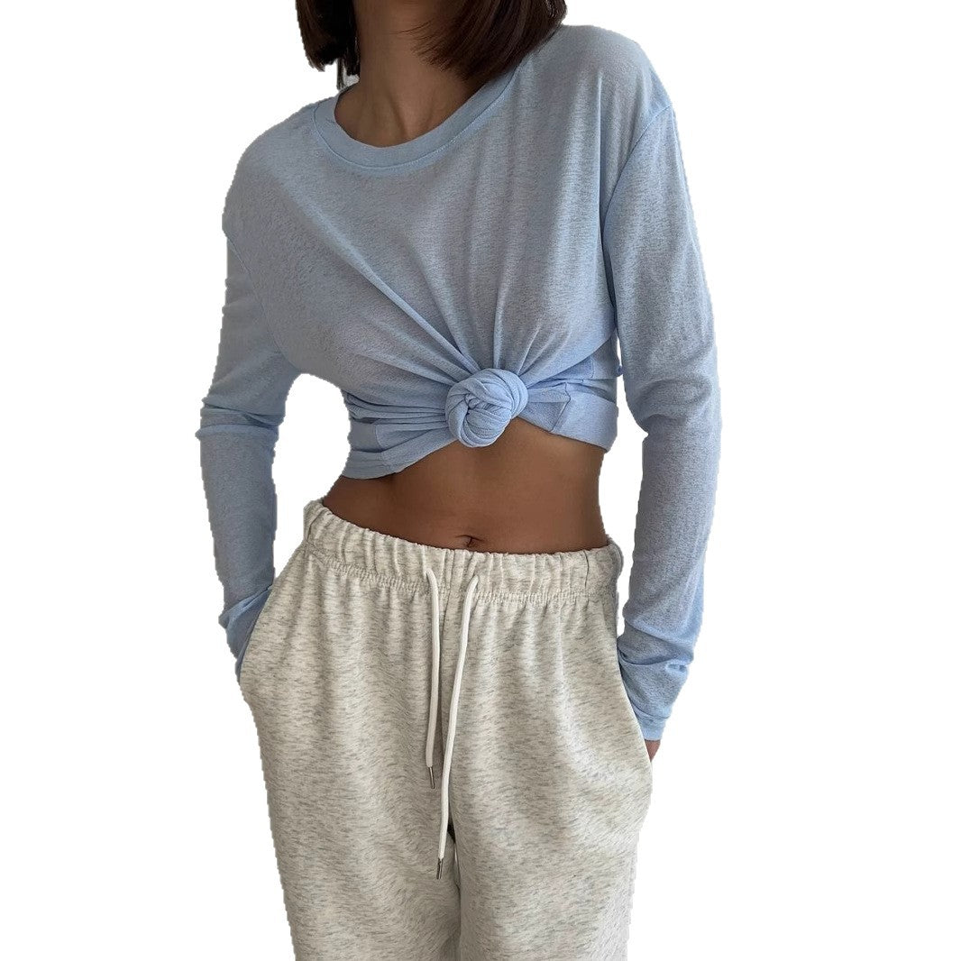 Women's Sheer Slub Long Sleeve Crew Neck Loose Fit Tee