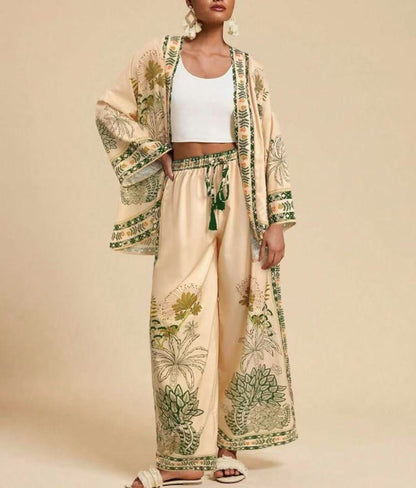 Women's Boho Kimono Cardigan Wide Leg Pants Matching Set