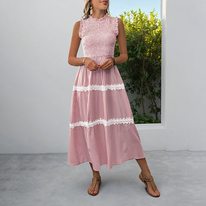 Sleeveless Striped Lace Midi Dress Ruffled A-Line Summer