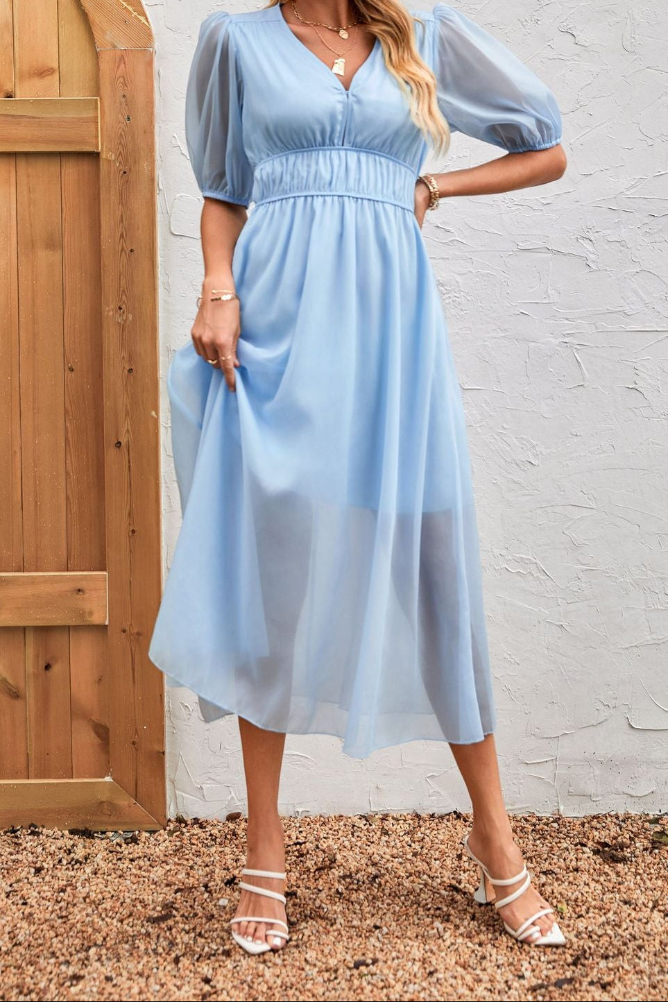 Women's Puff Sleeve V-Neck Smocked Waist Maxi Dress