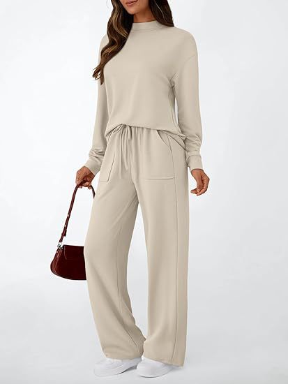 Women's Solid Mock Neck Top & Wide Leg Pants Lounge Set