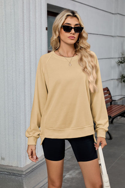 Women Oversized Crewneck Sweatshirt Long Sleeve Side Slit