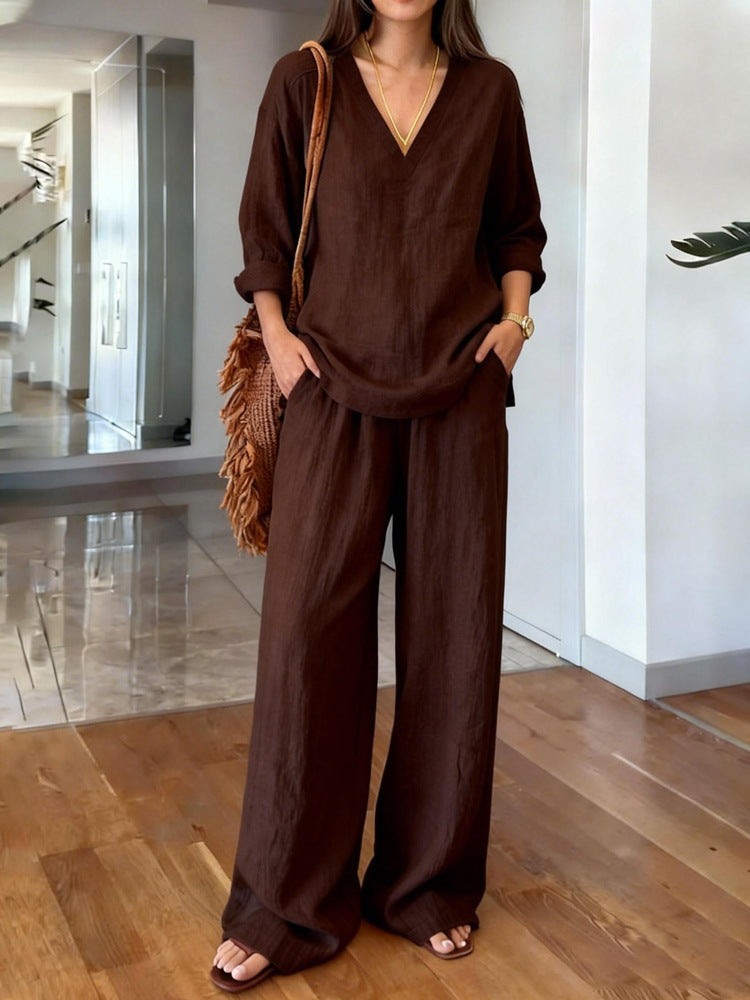 Women's V Neck Lounge Set Wide Leg Pants 2 Piece