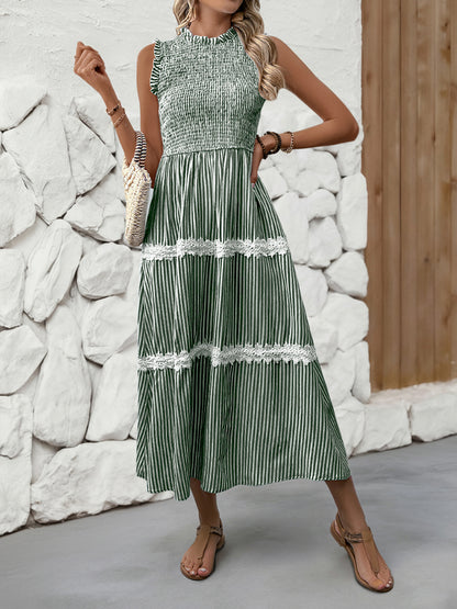 Sleeveless Striped Lace Midi Dress Ruffled A-Line Summer