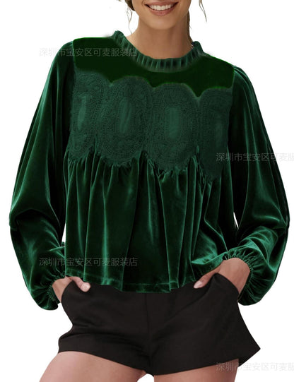 Velvet Ruffle Neck Lace Panel Long Sleeve Blouse Women