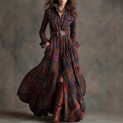 Plaid Belted Maxi Shirt Dress Long Sleeve Vintage