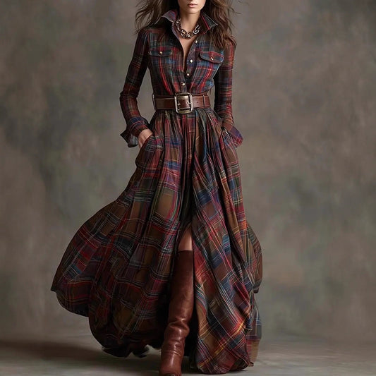 Plaid Belted Maxi Shirt Dress Long Sleeve Vintage
