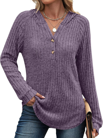 Women's Loose Hooded V Neck Button Ribbed Knit Sweater