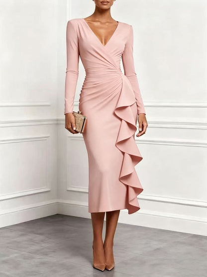 Women's V-Neck Long Sleeve Ruffle Cocktail Midi Dress