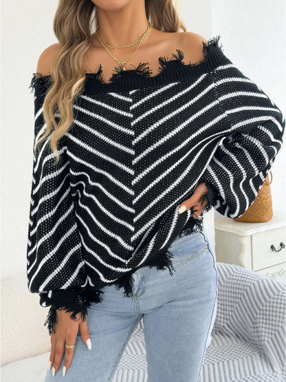 Off Shoulder Striped Fringe Sweater Balloon Sleeve Women