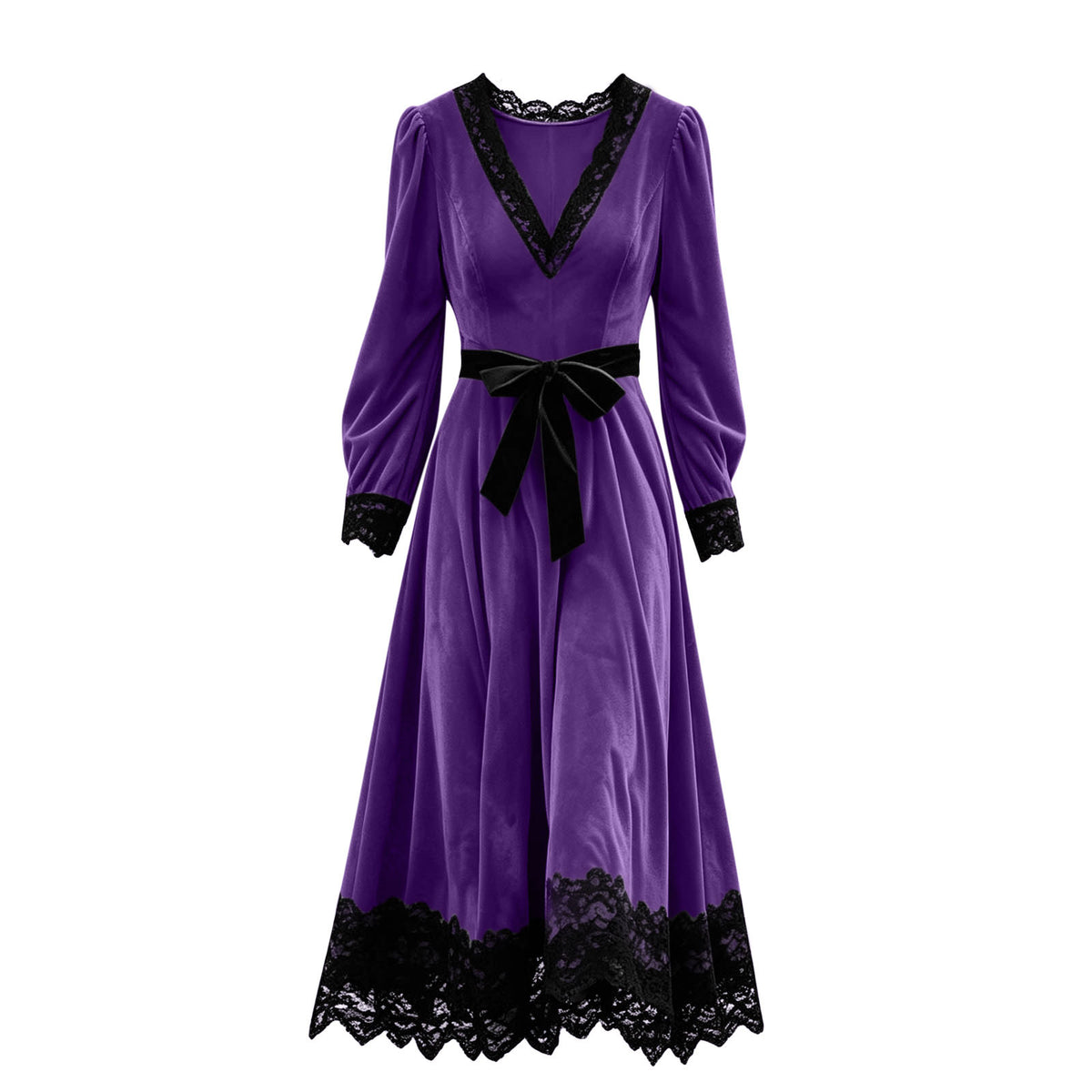 Velvet Maxi Dress V-Neck Lace Trim Puff Sleeve Flowy