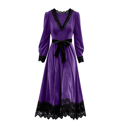 Velvet Maxi Dress V-Neck Lace Trim Puff Sleeve Flowy