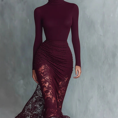 Women's Burgundy Lace Long Sleeve Bodycon Midi Dress