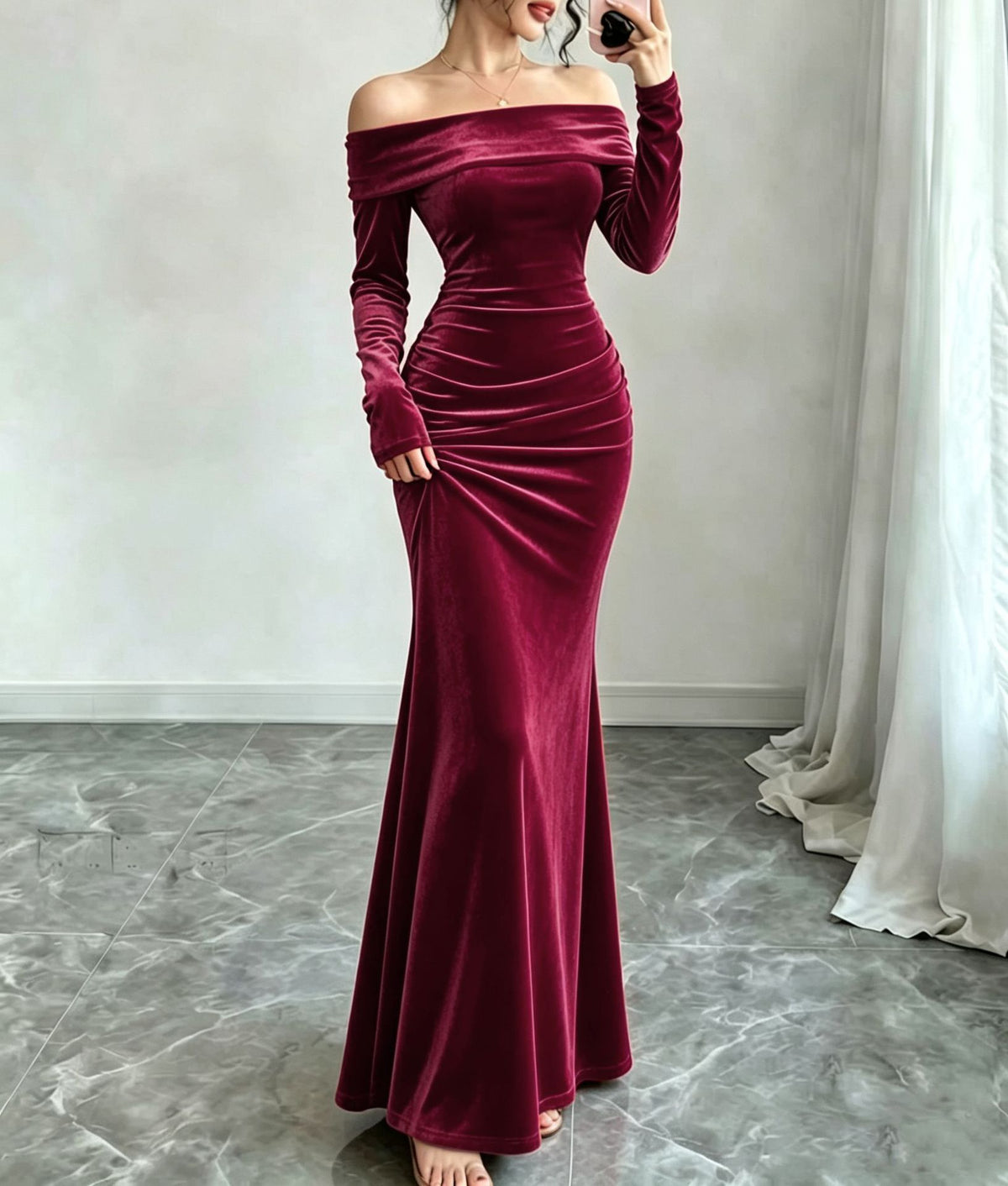 Long Sleeve Velvet Off Shoulder Bodycon Maxi Dress