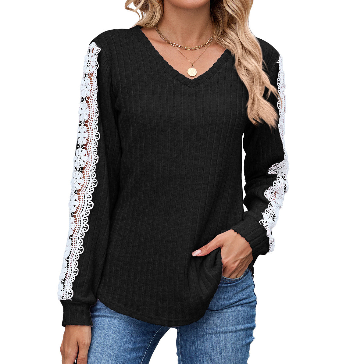 Women's V Neck Lace Long Sleeve Tunic Top
