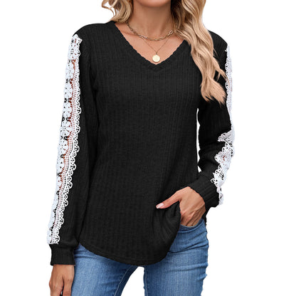 Women's V Neck Lace Long Sleeve Tunic Top