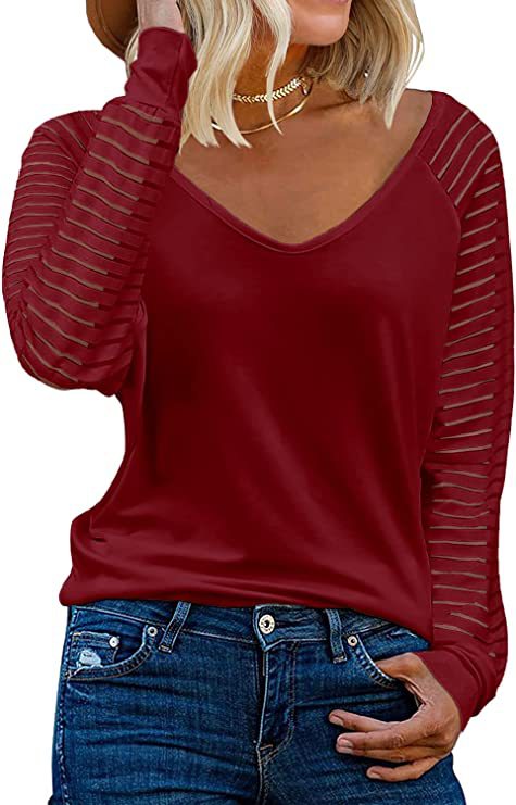 Striped Sleeve V Neck Cotton Long Sleeve Top