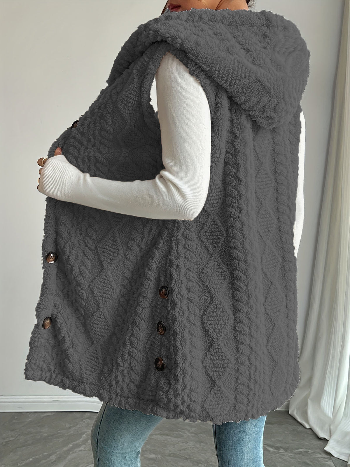 Women Sherpa Hooded Button Down Long Vest