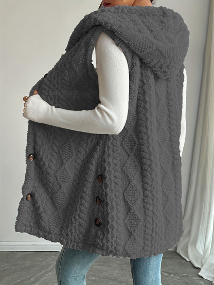 Women Sherpa Hooded Button Down Long Vest