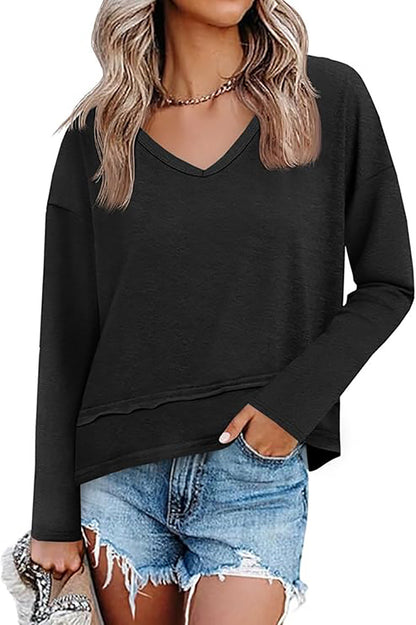 Women's V Neck Long Sleeve Casual Loose Pullover Top