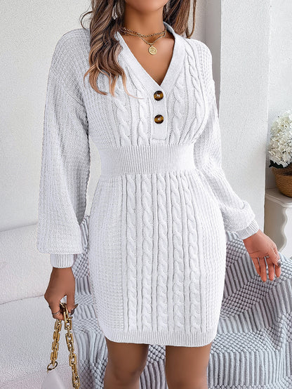 Button V Neck Sweater Dress | Cable Knit Bodycon Outfit
