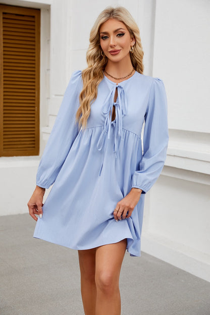 Bow Tie Long Sleeve Babydoll Dress with A-Line Silhouette