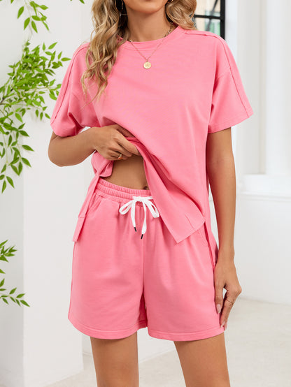 Casual Pocket Tee and Drawstring Shorts Lounge Set