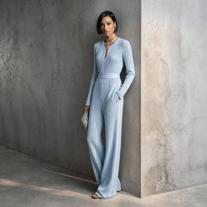 Women's Ribbed Knit V-Neck Zipper Wide Leg Jumpsuit
