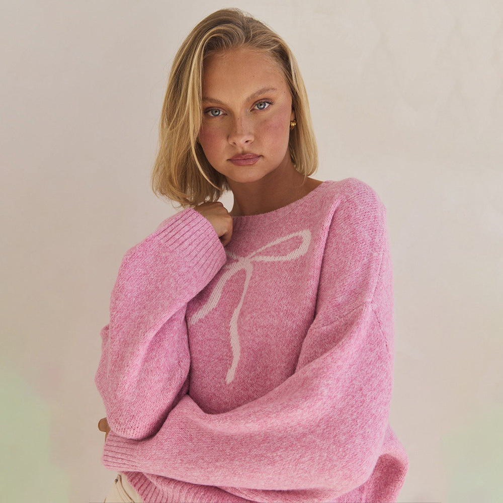 Pink Oversized Bow Crewneck Chunky Knit Sweater