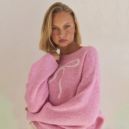 Pink Oversized Bow Crewneck Chunky Knit Sweater