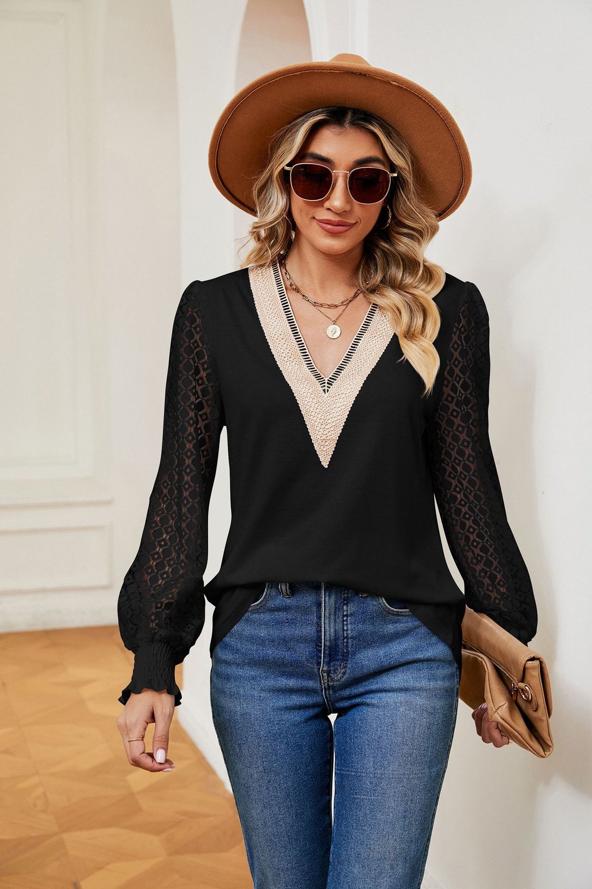V-Neck Lace Long Sleeve Loose Fit Tunic Top