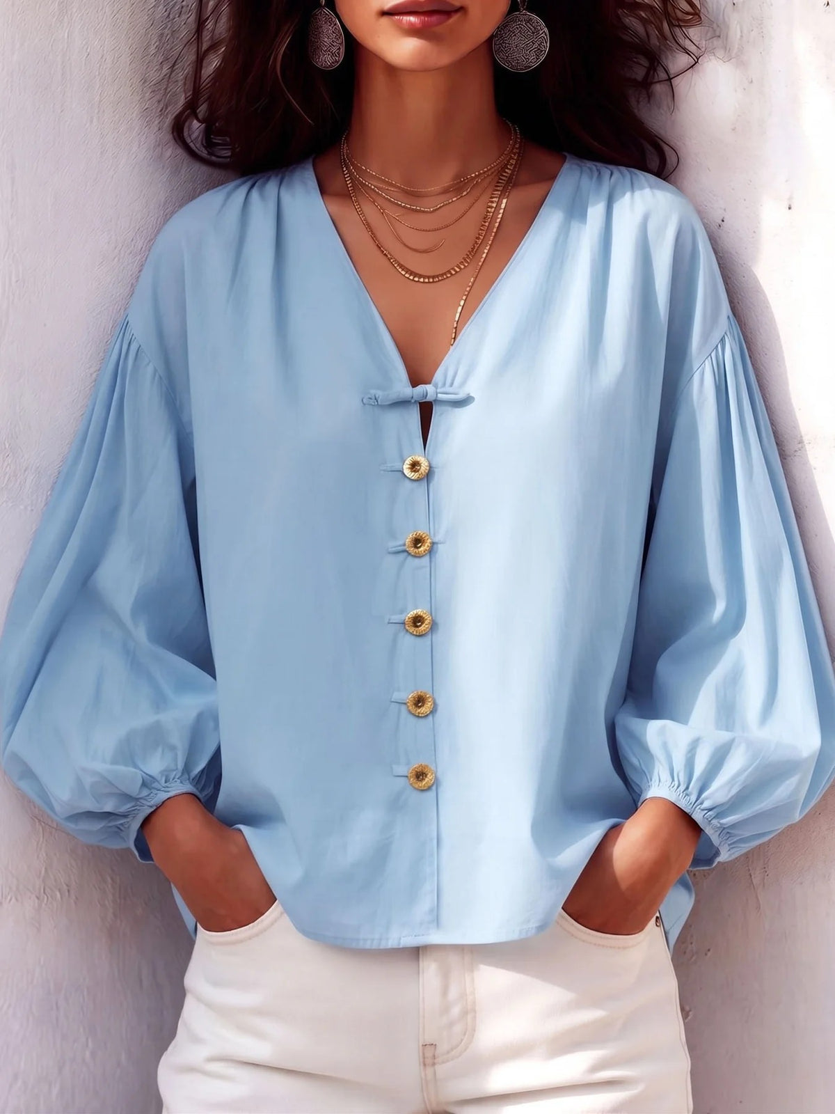 Women's V Neck Balloon Sleeve Button Front Blouse