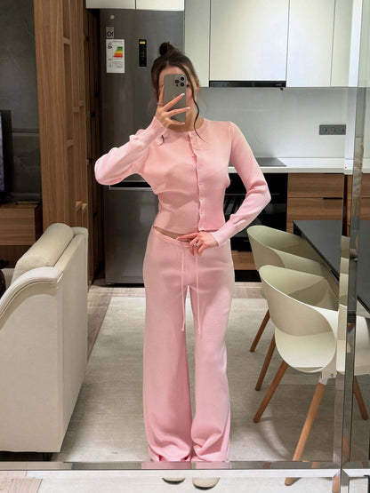 Women's Two Piece Ribbed Knit Cardigan Wide Leg Pants Set