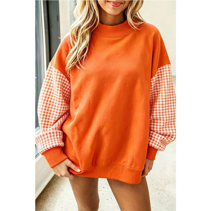 Plaid Sleeve Oversized Mock Neck Fleece Sweatshirt
