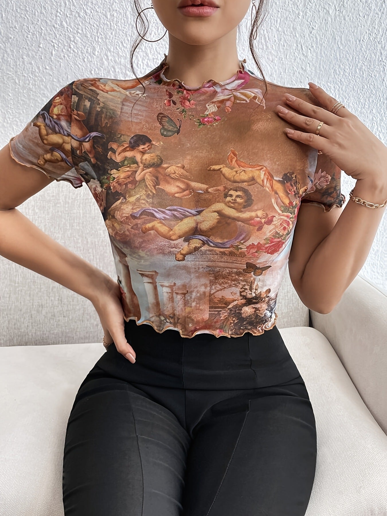 Mesh Printed Slim Fit Short-Sleeve T-Shirt with Ruffle Edge