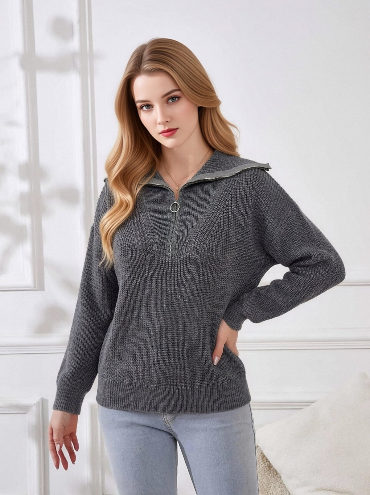 Women's Oversized Half Zip Collared Knit Sweater Pullover