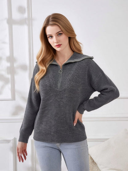 Women's Oversized Half Zip Collared Knit Sweater Pullover