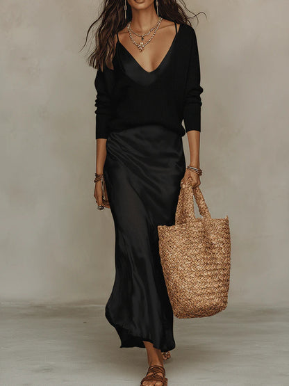 Women's Two Piece Satin Dress and Knit Top Set
