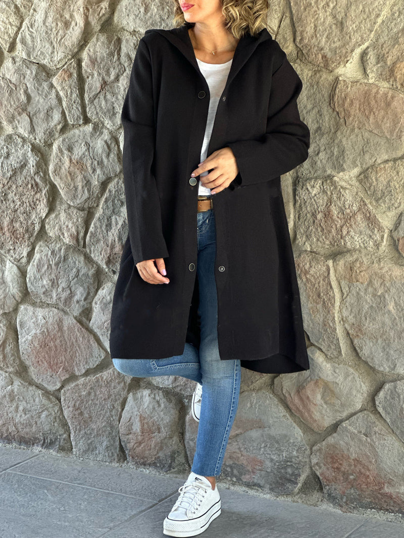 Women's Hooded Wool Coat Oversized Button Front Mid Length