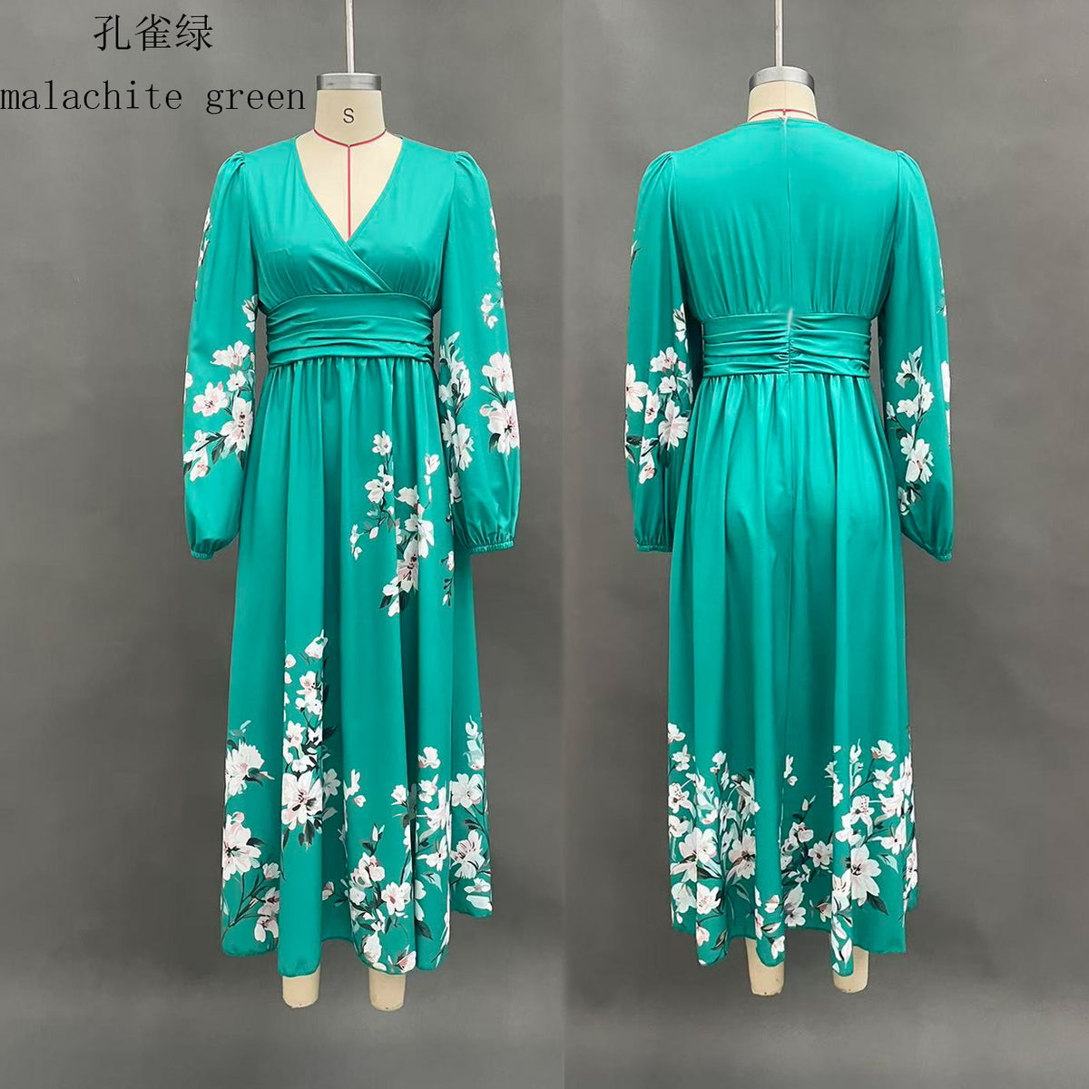 Floral V Neck Pleated Long Sleeve Maxi Dress