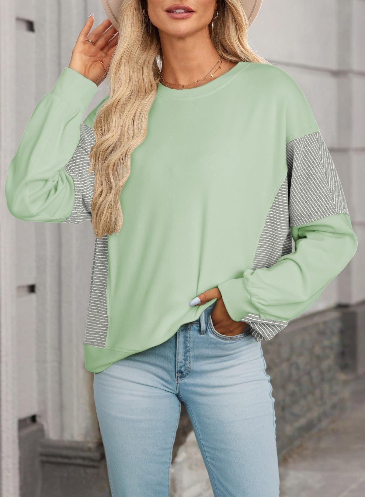 Colorblock Striped Sweatshirt Women Casual Pullover Top