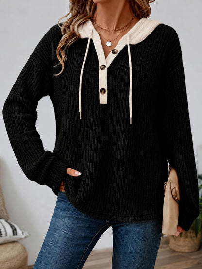 Textured Hooded Henley Drawstring Long Sleeve Top