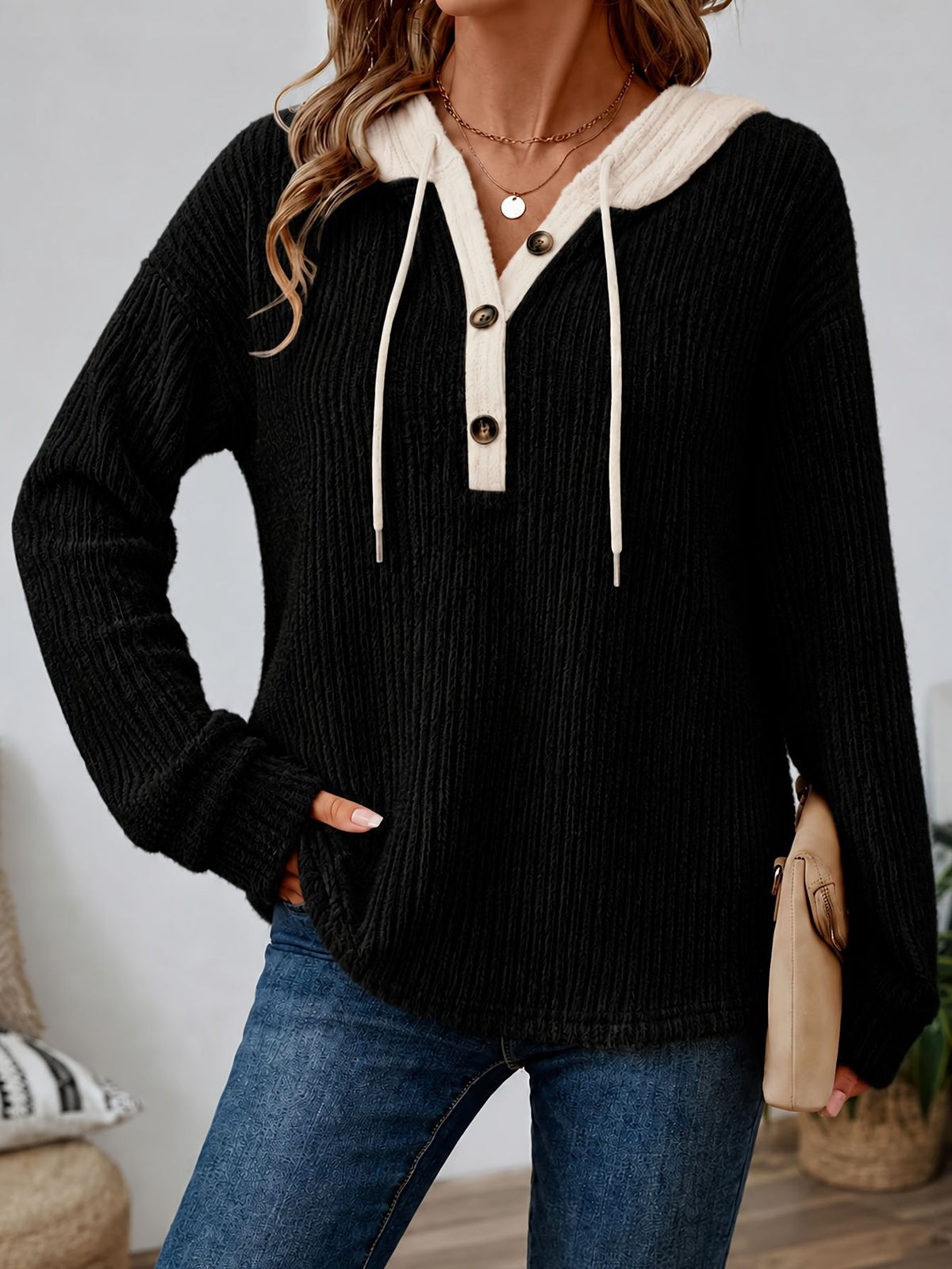 Women's Henley Hoodie V Neck Button Drawstring Top