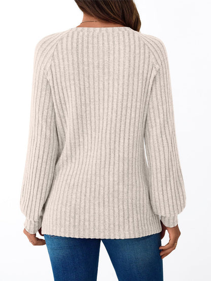 Ribbed Knit Crewneck Sweatshirt with Button Detail