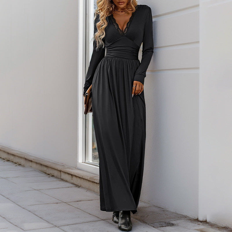 Lace V-Neck Long Sleeve Slit A-Line Maxi Dress