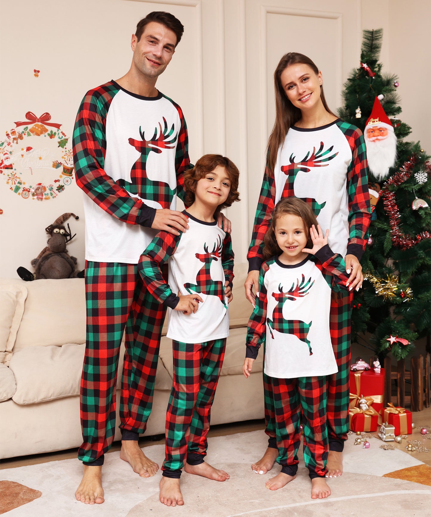 Parent-child Plaid Deer Print Crew Neck Christmas Pajama Set