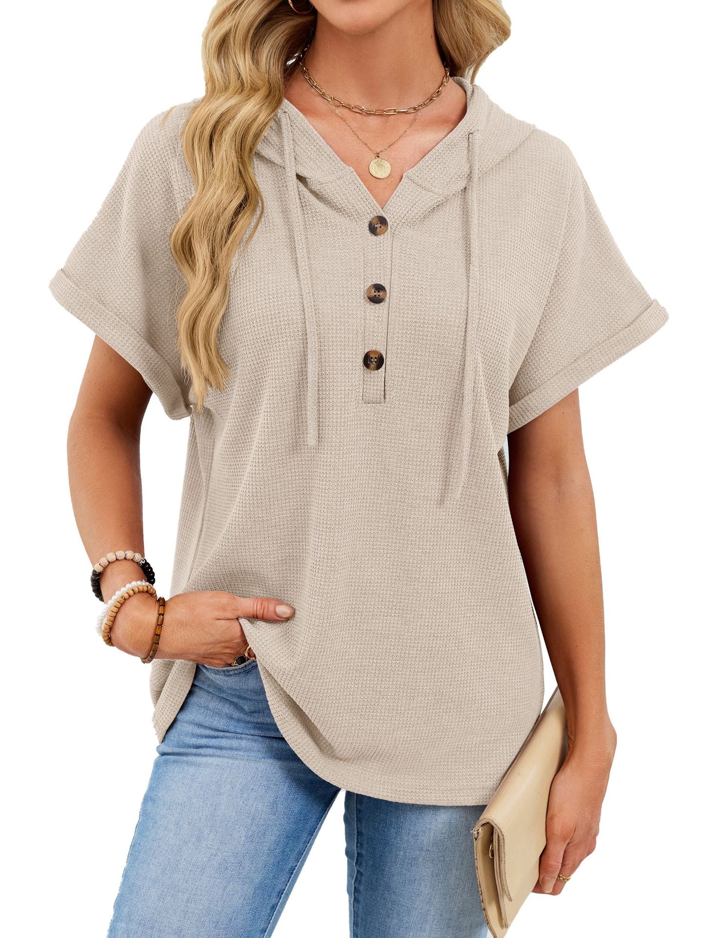 Waffle Knit Hooded Short Sleeve Button Drawstring Top