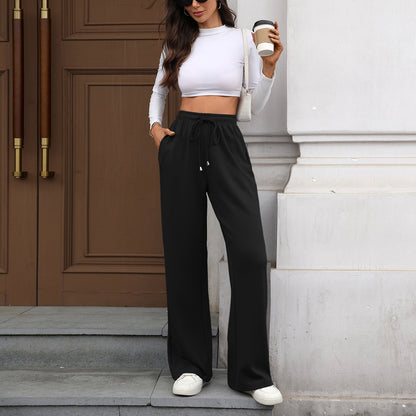 Womens Wide Leg Pants Elastic Waist Drawstring Pockets